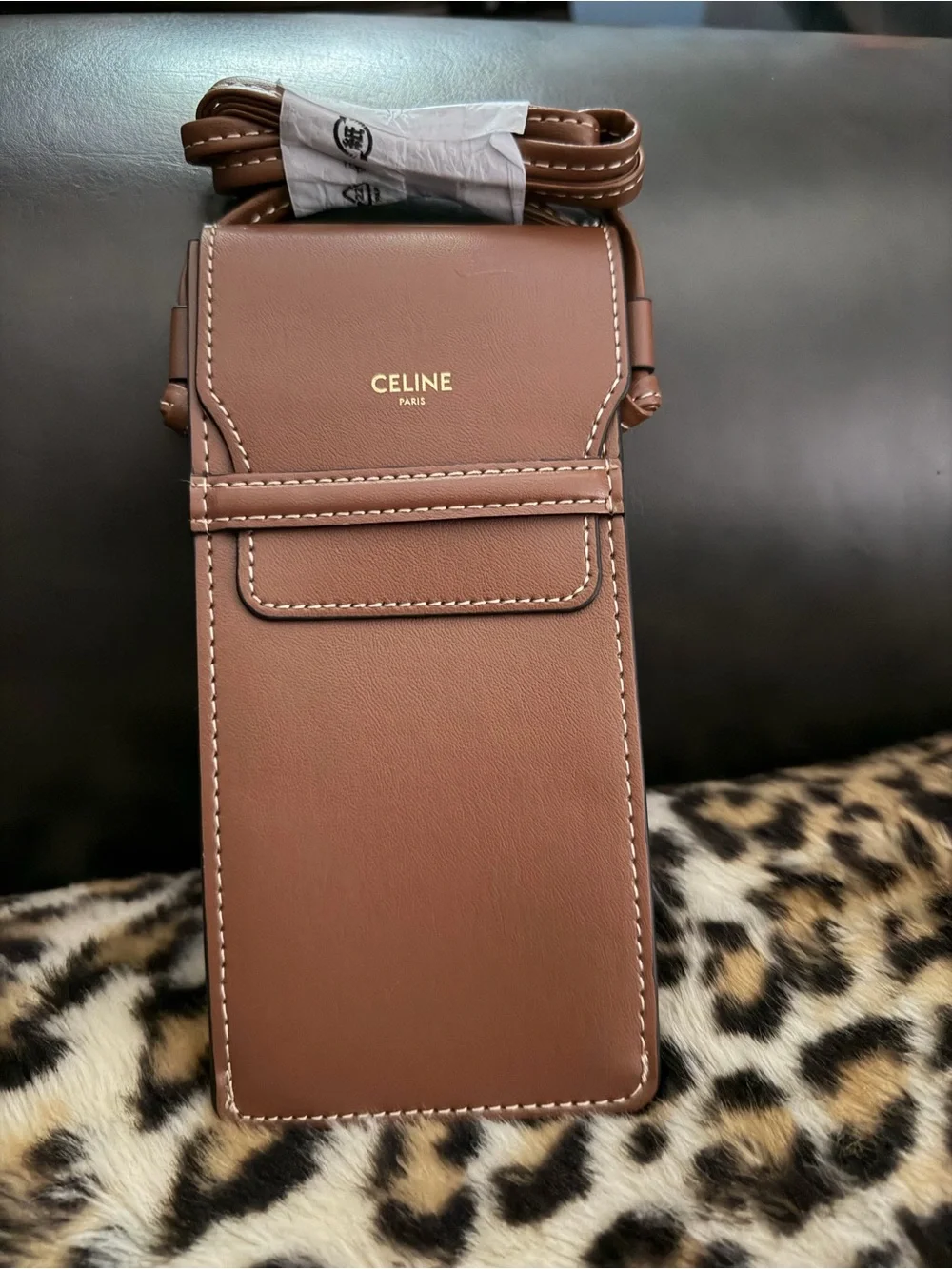 Celine Brown Leather sunglasses/Phone Crossbody Pouch with Gold Logo